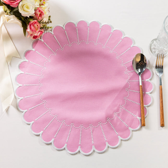 4pc/set Sunburst Edge Placemats Pink/White Trim paired with florals, silverware, on top an ivory tablecloth