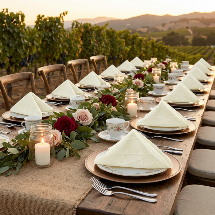 5 pcs/pk Embossed Geometric Jacquard Napkin 20"x20" Ivory on a wide banquet table with a burlap table runner, vineyard wedding reception