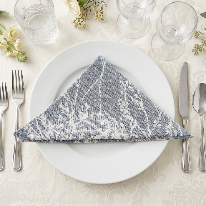 5 pcs/pk Leaf Branch Reversible Jacquard Napkin 20"x20" Dusty Blue fold underside on top a white dinner plate