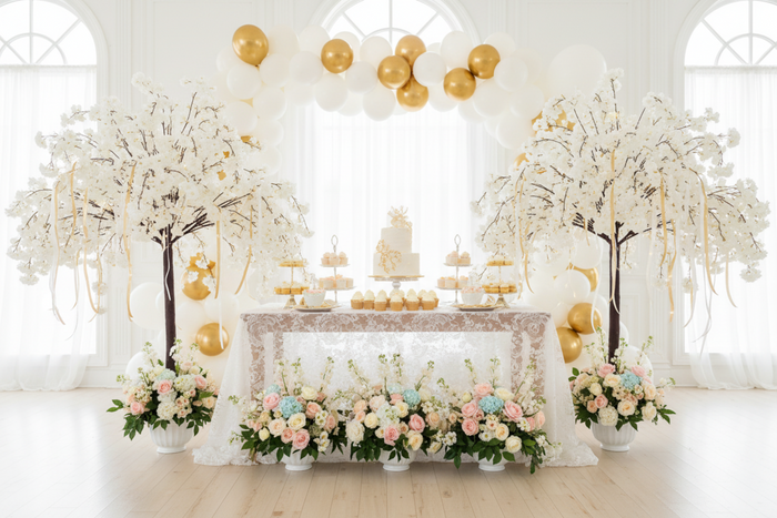 baby shower setup with 5ft Weeping Cherry Blossom Tree - White