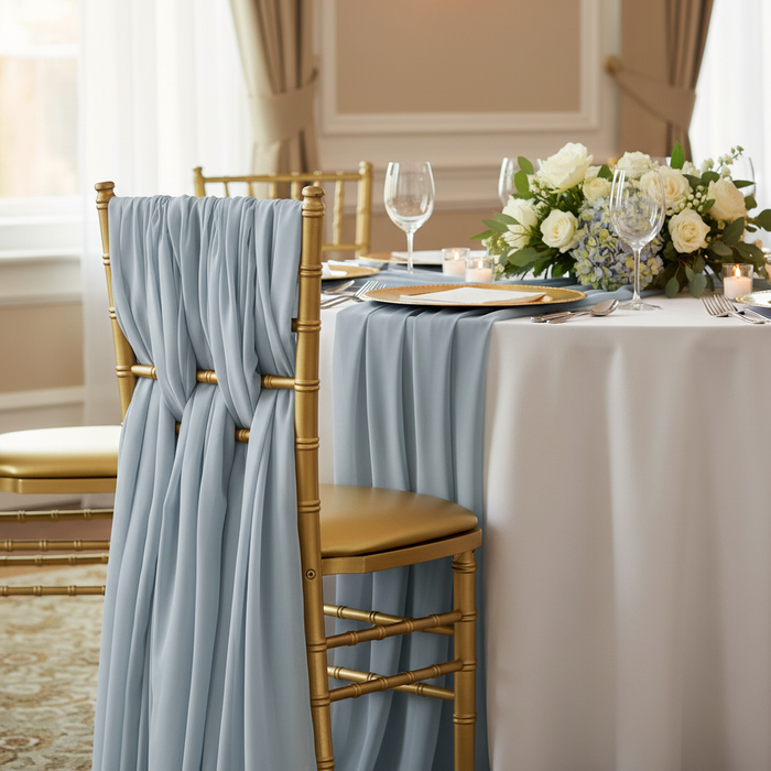 5pcs Pack of Chiffon Chair Sashes/Ties 19" x 72" - Dusty Blue.
