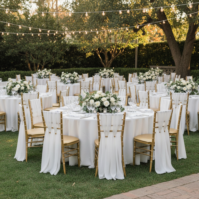 Outdoor Wedding Reception with White Chiffon Chair Sashes