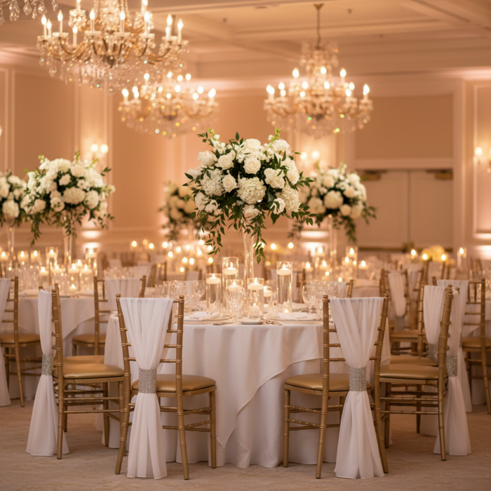 Indoor Wedding Reception with White Chiffon Chair Sashes