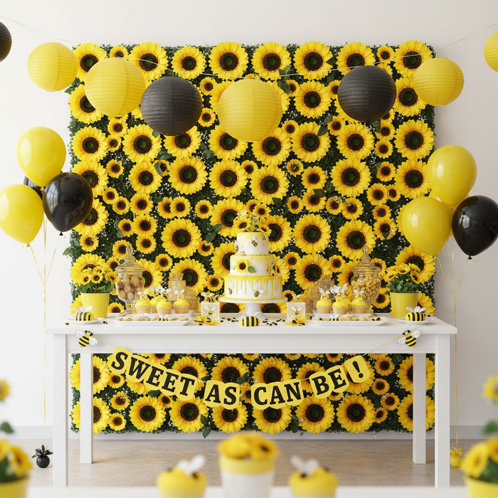 Premium Artificial Sunflower Wall Backdrop Panel in realistic busy bee baby shower setup