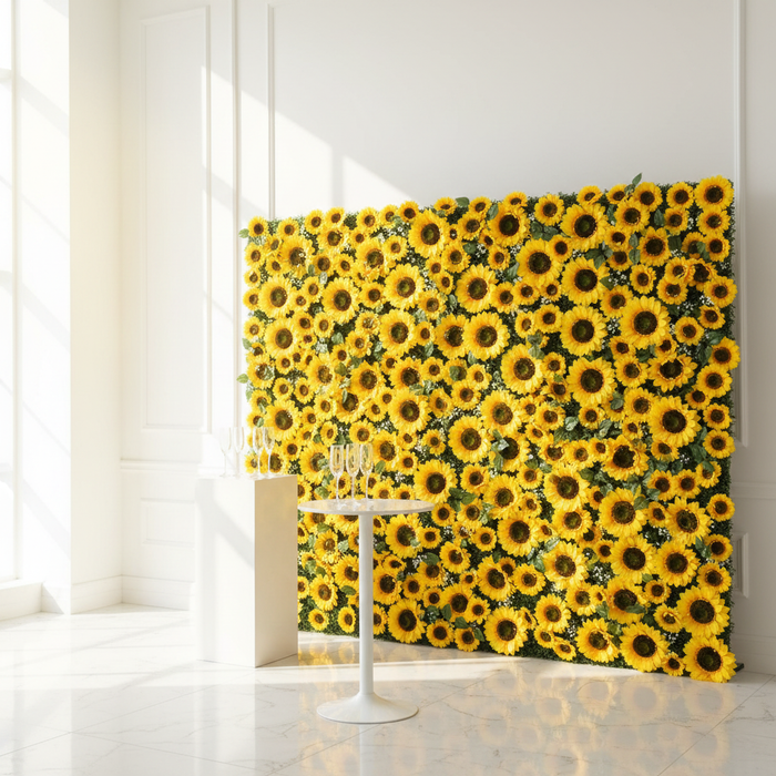 Premium Artificial Sunflower Wall Backdrop Panel used as event backdrop