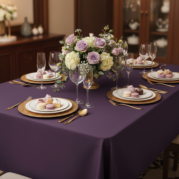 60"x120" Rectangular Premium Polyester Tablecloth - Eggplant/Plum | gold charger plate | wine goblets