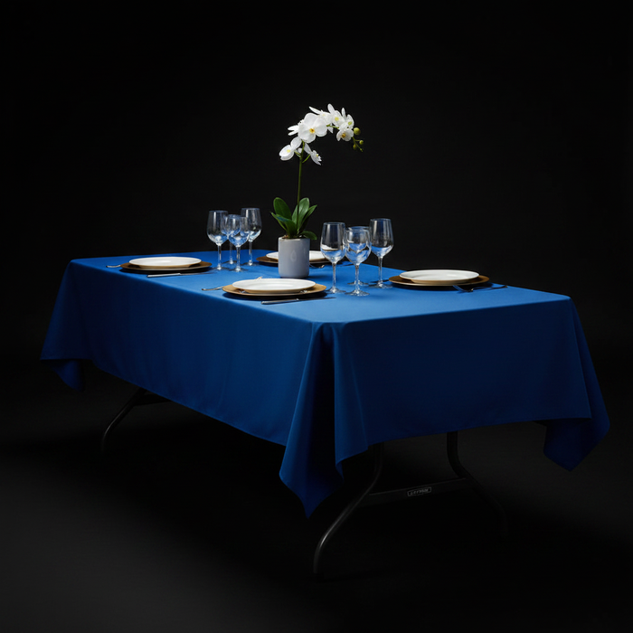 60"x120" Rectangular Premium Polyester Tablecloth - Royal Blue with gold charger plate | white dinner plate| wine goblets