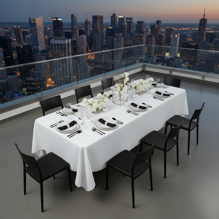60"x120" Rectangular Premium Polyester Tablecloth - White top view detail for rooftop corporate gala with white dinner plate, black napkin and black plastic chairs
