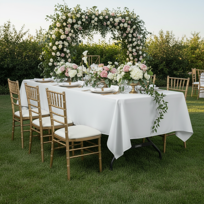 60"x120" Rectangular Premium Polyester Tablecloth - White for bridal shower garden reception with white dinner plate, white napkin, gold chiavari and floral centerpieces
