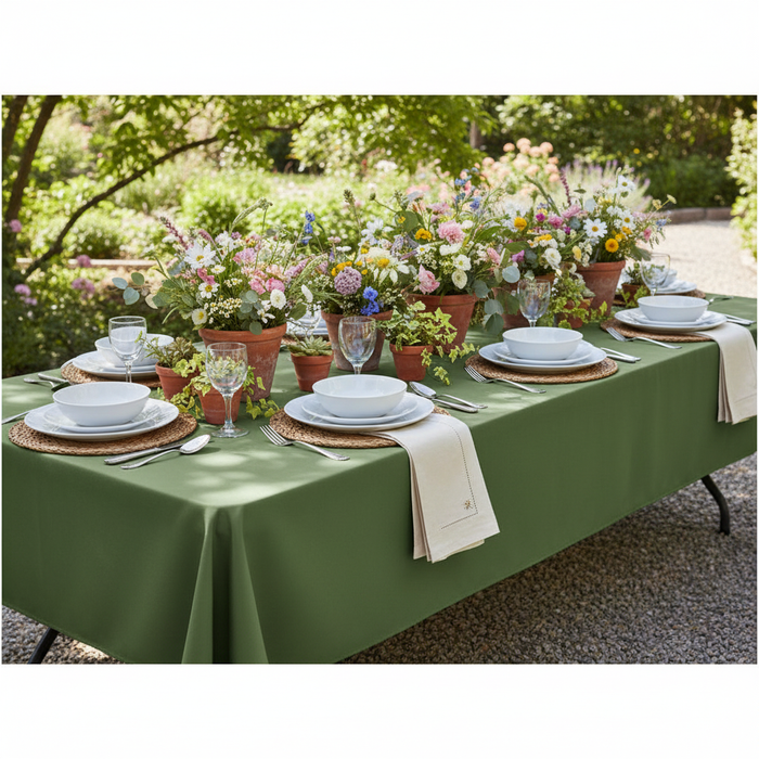 60"x120" Rectangular Premium Polyester Tablecloth - Willow Green with ivory napkin | rattan placement | white dinner plate | wine goblets | flower centerpieces
