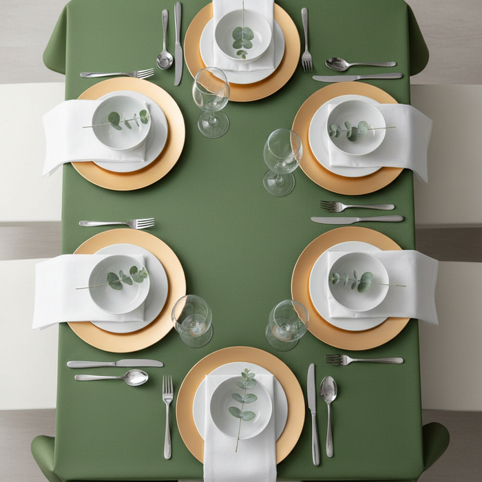 60"x120" Rectangular Premium Polyester Tablecloth - Willow Green with white napkin | white dinner plate | wine goblets | flower centerpieces | gold charger plate