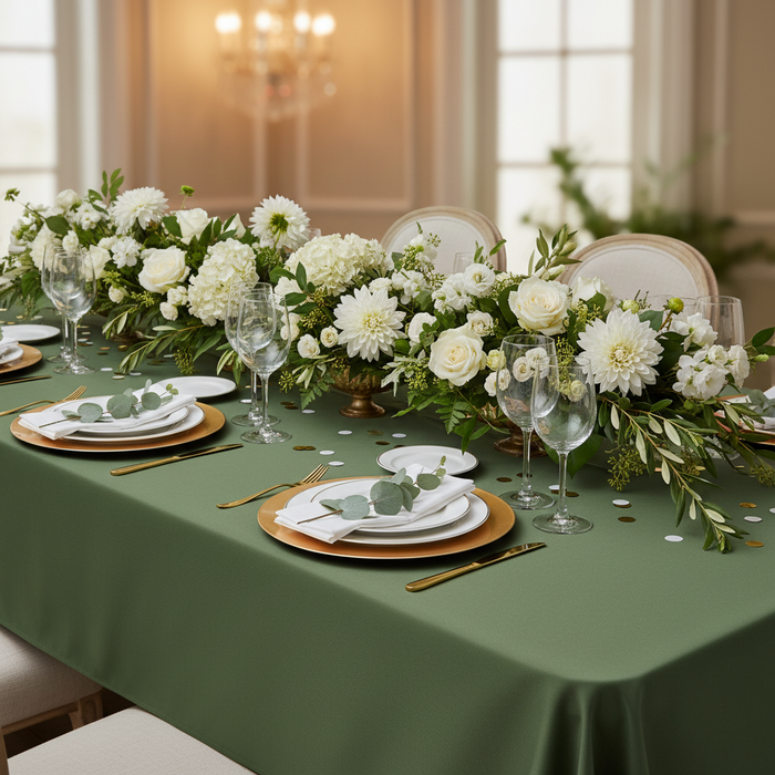 60"x120" Rectangular Premium Polyester Tablecloth - Willow Green with white napkin | white dinner plate | wine goblets | flower premade runner| gold charger plate