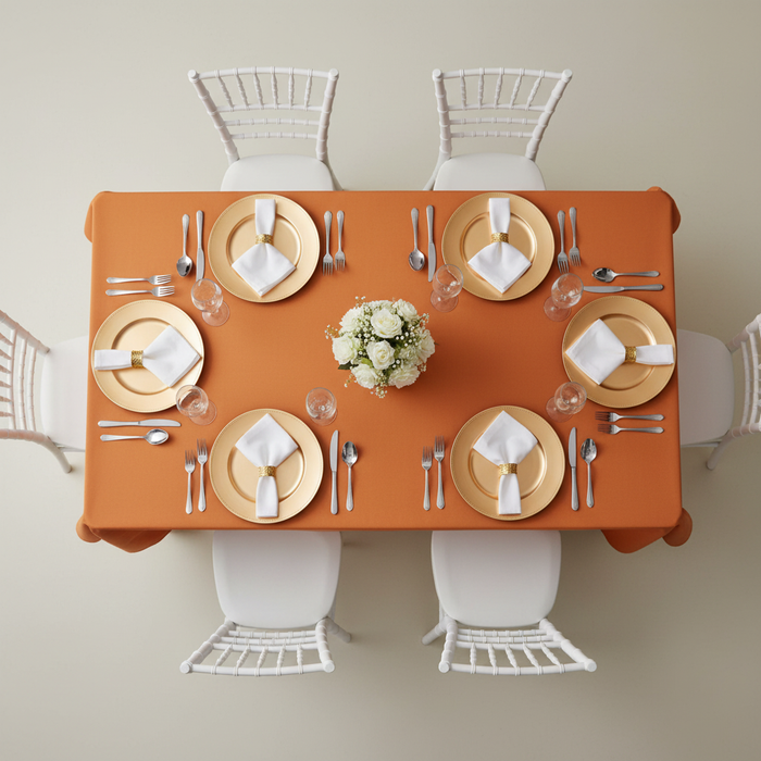 90"x132" Rectangular Oblong Premium Polyester Tablecloth - Burnt Orange | charger plate | wine goblet | napkin |