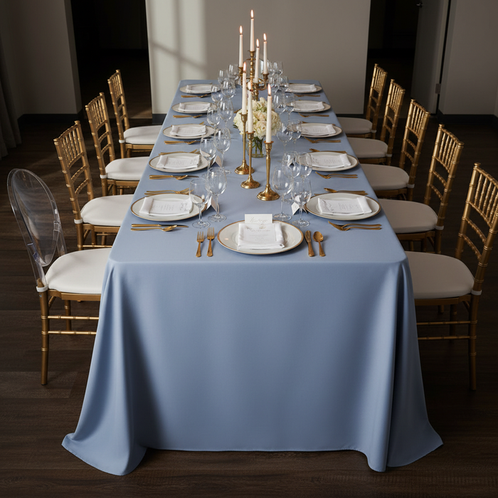 90"x132" Rectangular Oblong Premium Polyester Tablecloth - Dusty Blue with Chiavari Gold Chairs.