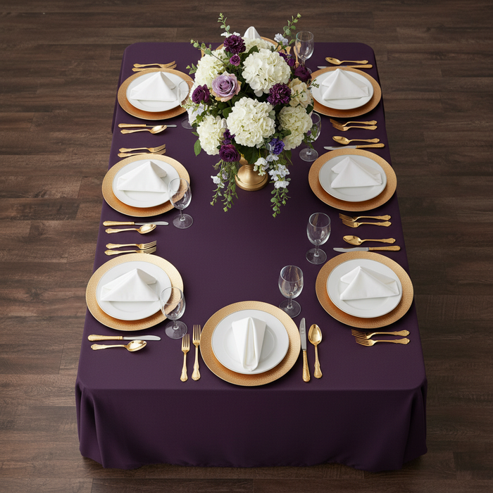 90"x132" Rectangular Oblong Premium Polyester Tablecloth - Eggplant/Plum | charger plate | dinner plate | wine goblet | napkin |