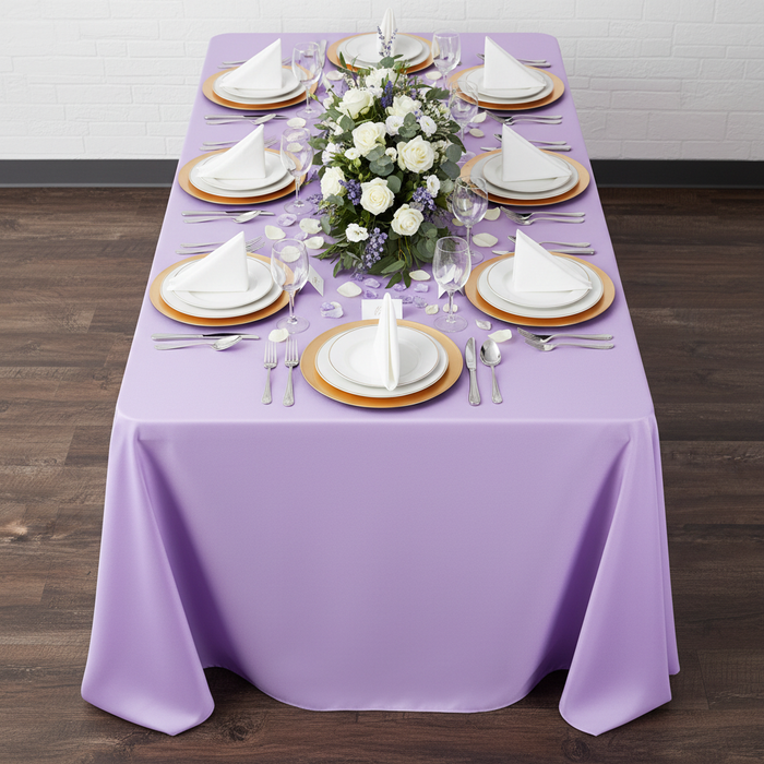 90"x132" Rectangular Oblong Premium Polyester Tablecloth - Lavender | gold charger plate | white napkin | flower premade runner |