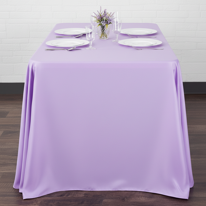 90"x132" Rectangular Oblong Premium Polyester Tablecloth - Lavender | white dinner plate | wine goblet