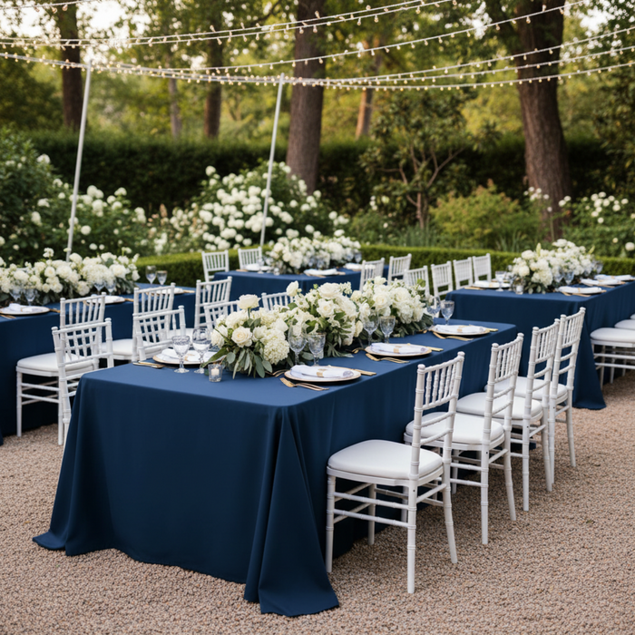 Outdoor Wedding Reception – Navy Blue 90x132 Premium Polyester Rectangular Tablecloth