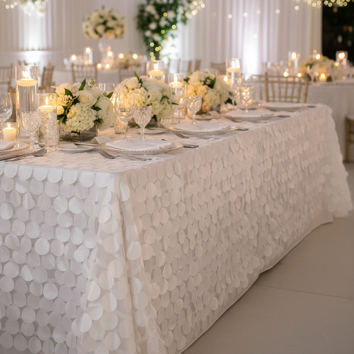 90x156 Petal Circle Taffeta Rectangular Tablecloth White Mockup