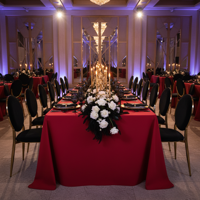 corporate dinner setup with 90"x156" Rectangular Oblong Premium Polyester Tablecloth - Apple Red