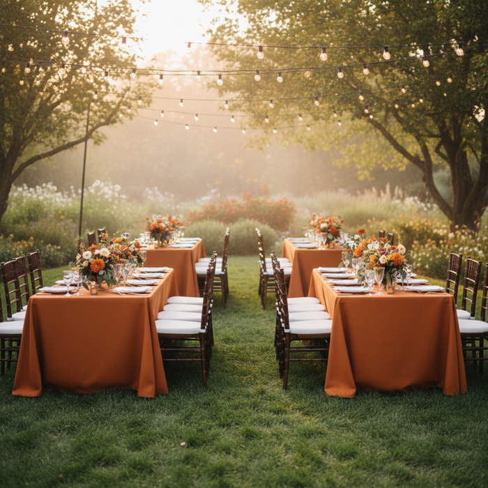 Outdoor Wedding Reception with Burnt Orange Premium Polyester 90x156 Tablecloth