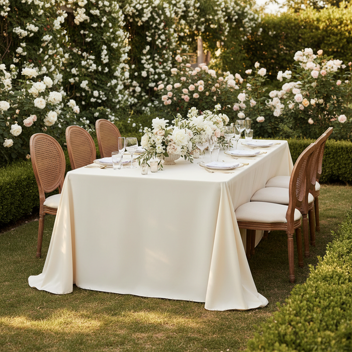 90"x156" Rectangular Oblong Premium Polyester Tablecloth - Light Ivory/Off White Outdoor with Rattan Chairs.