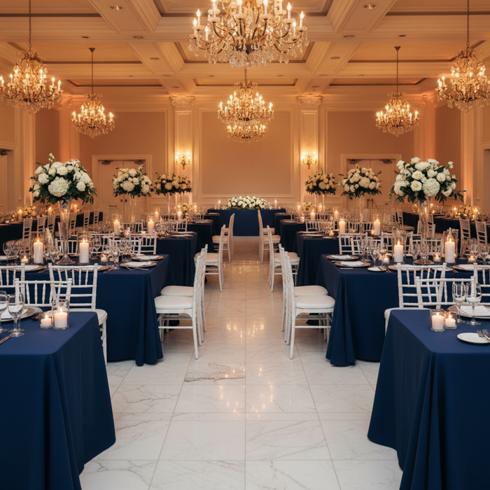 Indoor Wedding Reception – Navy Blue 90x 132 Rectangular Premium Polyester Tablecloth