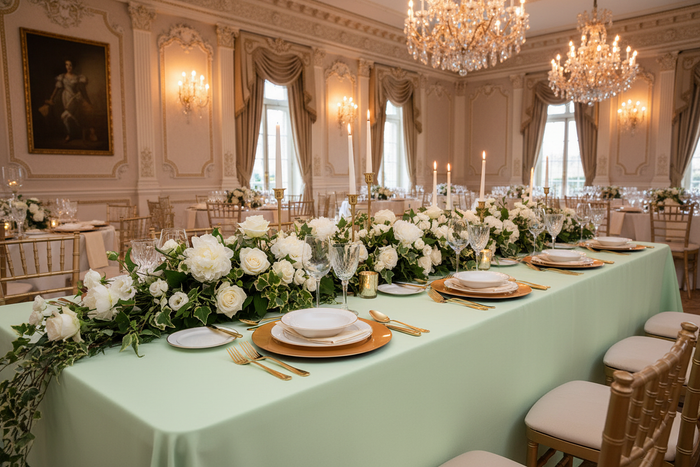 wedding reception with 90"x156" Rectangular Oblong Premium Polyester Tablecloth - Sage Green