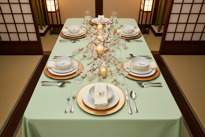 indoor dinner setup with 90"x156" Rectangular Oblong Premium Polyester Tablecloth - Sage Green