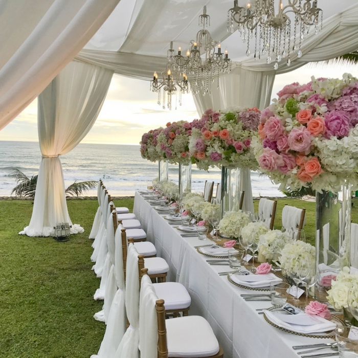 beachside wedding reception with 90"x156" Rectangular Oblong Polyester Tablecloth - White