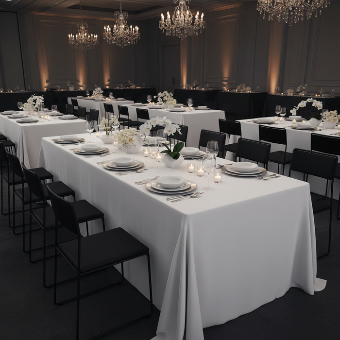 corporate gala dinner with 90"x156" Rectangular Oblong Premium Polyester Tablecloth - White