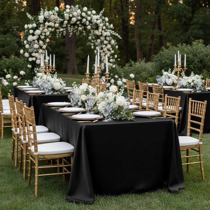 Black Satin 90x156 Rectangular Tablecloth – Outdoor Wedding Reception