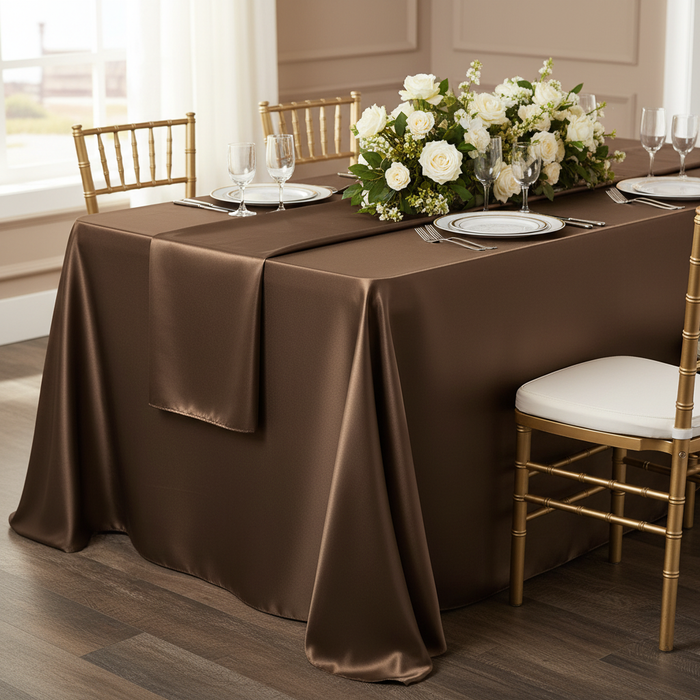90"x156" Rectangular Satin Tablecloth - Chocolate Brown.