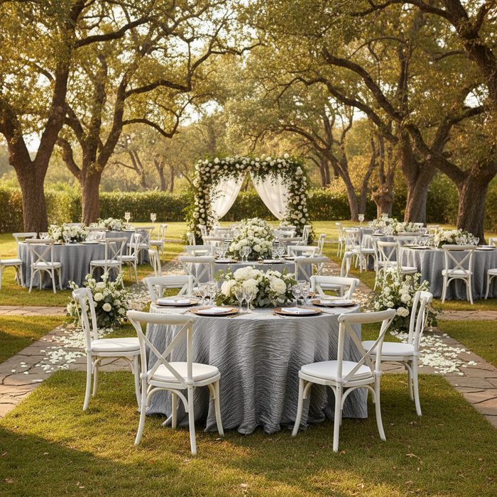 outdoor garden wedding reception with Accordion Crinkle Taffeta 120" Round Tablecloth - Silver