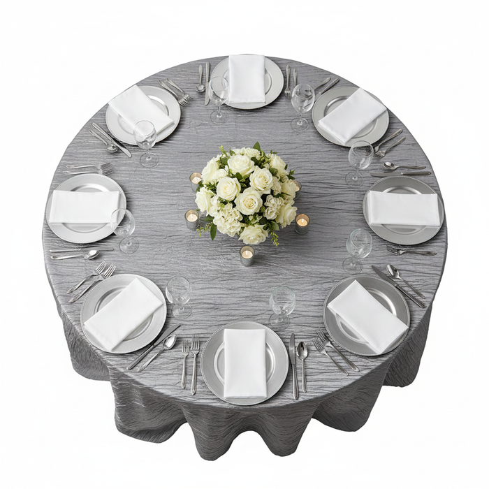 top view wedding reception with Accordion Crinkle Taffeta 120" Round Tablecloth - Silver