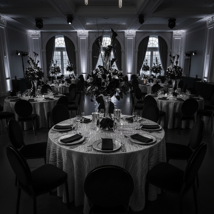 black and silver gala night with Accordion Crinkle Taffeta 120" Round Tablecloth - Silver