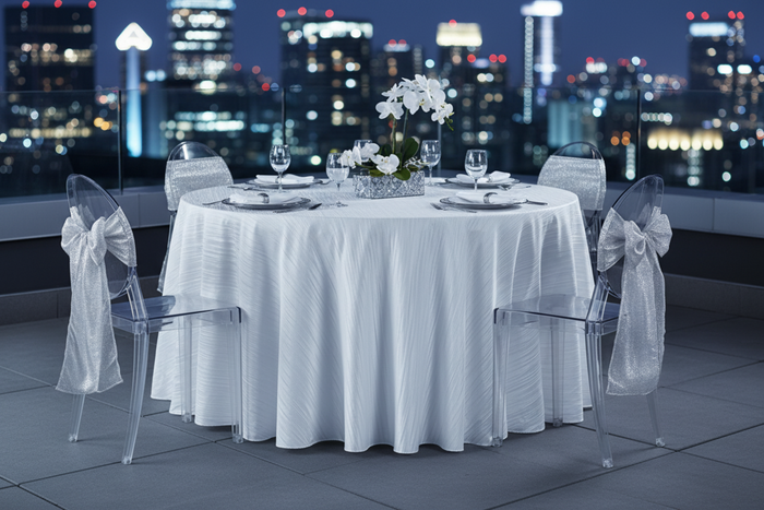 modern rooftop dinner setup using Accordion Crinkle Taffeta 120" Round Tablecloth - White