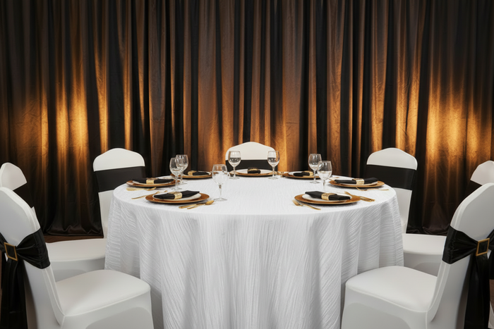 elegant charity dinner setup with Accordion Crinkle Taffeta 120" Round Tablecloth - White