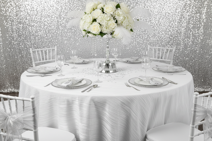 birthday setup with Accordion Crinkle Taffeta 120" Round Tablecloth - White