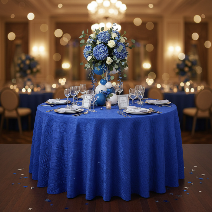 Accordion Crinkle Taffeta 132" Round Tablecloth - Royal Blue in Indoor Reception.