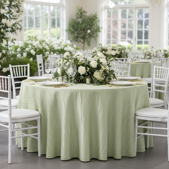 Accordion Crinkle Taffeta 132" Round Tablecloth - Sage Green | charger plate | napkin | wine goblets | centerpiece |