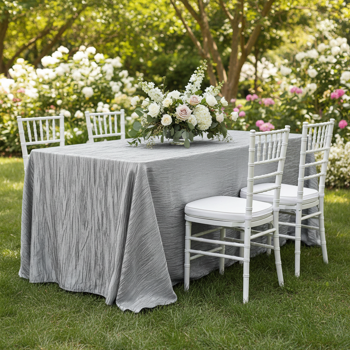 Accordion Crinkle Taffeta 90"x132" Rectangular Tablecloth - Silver | flower centerpiece |
