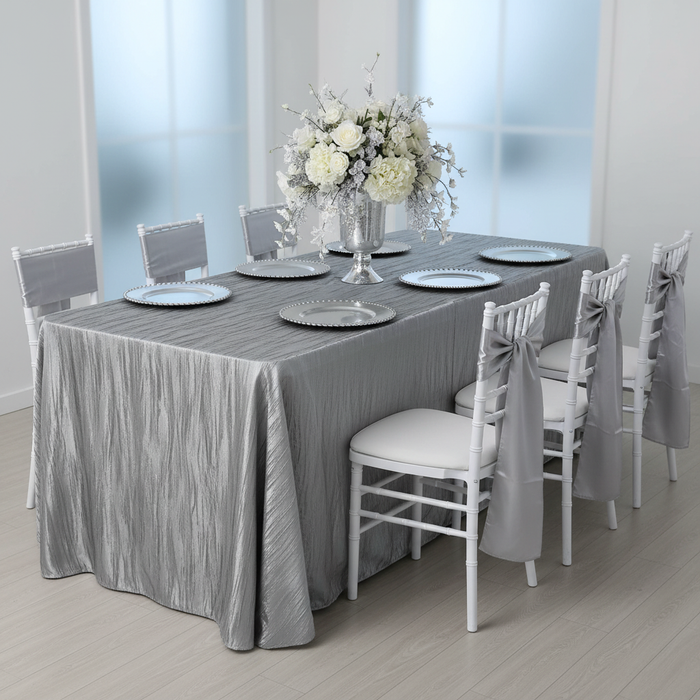 Accordion Crinkle Taffeta 90"x132" Rectangular Tablecloth - Silver | flower centerpiece | charger plate | chiavari chair | chair sash |