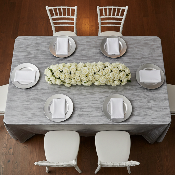 Accordion Crinkle Taffeta 90"x132" Rectangular Tablecloth - Silver | flower premade runner| charger plate | chiavari chair | napkin |