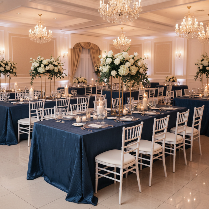 Navy Blue Accordion Crinkle Taffeta  90x156 Tablecloth– Indoor Reception