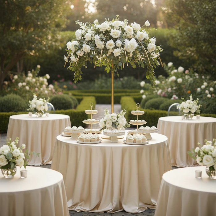 Garden Event with the Adjustable Umbrella Centerpiece Stand without the white cover and decorated with rose floral and greenery