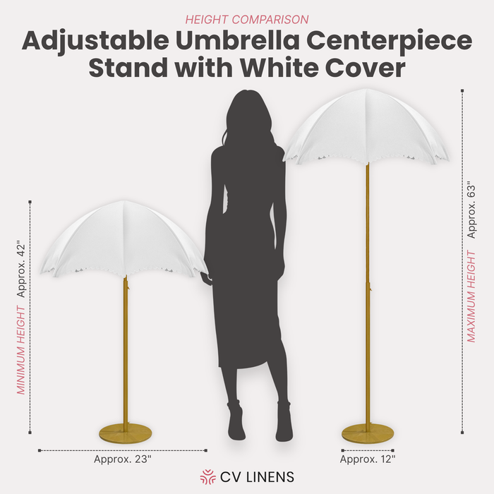 Adjustable Umbrella Centerpiece Stand with White Cover infographic showing person next to the stand collapsed and extended to the full height