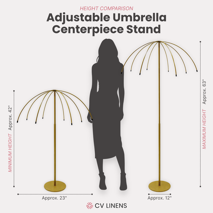 Adjustable Umbrella Centerpiece Stand with White Cover infographic showing the stand without the spandex cover and a person next to the stand collapsed and extended to the full height