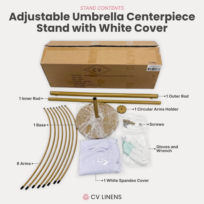 Adjustable Umbrella Centerpiece Stand with White Cover box contents
