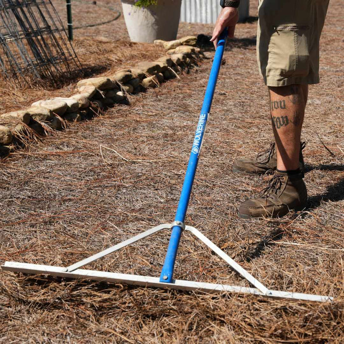 Bed rake in use in a pine straw bed.